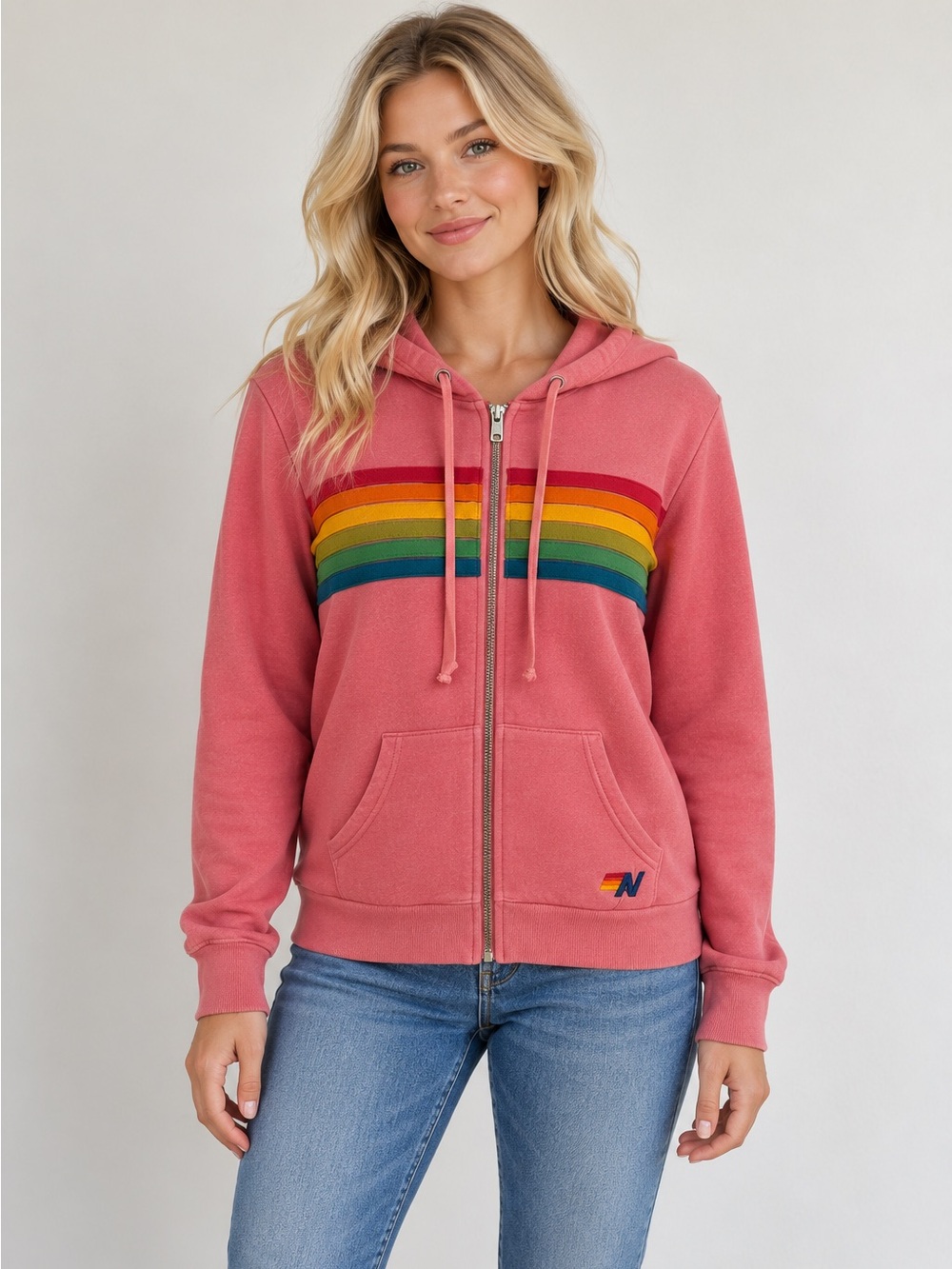 Aviator Nation Rose Pink Zip Hoodie with Rainbow Chest Stripes
